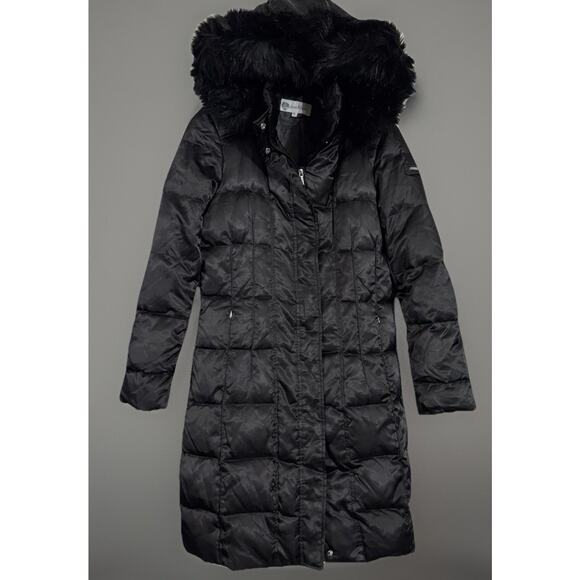 Calvin Klein Puffer Jacket Black Duck Down Coat Long Parka Fur Hooded M Medium - Picture 1 of 3